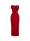 GORGLITTER Women's Flower Strapless Bodycon Midi Dress Wedding Guest Cocktail Birthday Dinner Split Tube Top Dresses Red Small
