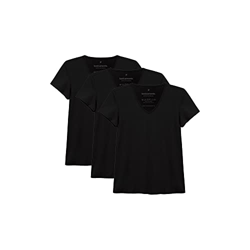 Kit 3 Camisetas Babylook Básica, basicamente., Feminino, Preto, GG