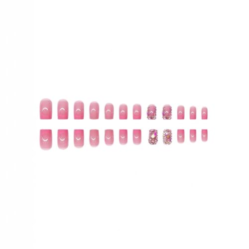 Image of 48 Pcs Diamond Press on Nails Pink Press on Toenails Set Square Fake Nails with Design French Tip Glue on Nails Glossy Artificial Acrylic Full Cover False Toe Nails Stick on Nails for Women Manicure