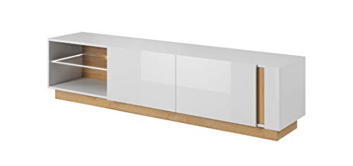 Meuble TV, blanc + blanc brillant + chêne Grandson, 187,5 x 45,5 x 40 cm
