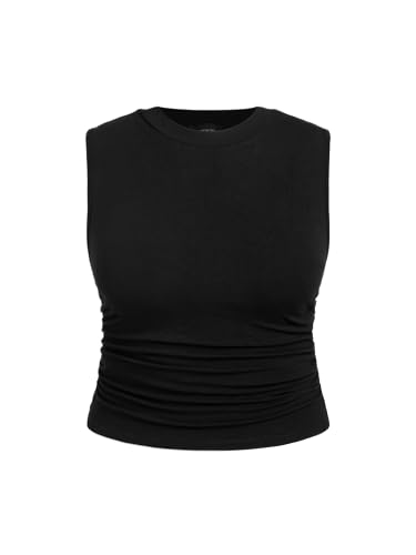 CIDER Plus Size Tops for Women Sleeveless Ruched Crew Neck Crop Tank Top Summer Casual Outfits