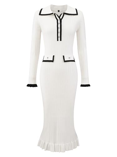 Women's Long Sleeve Sweater Dress Contrast Trim Ruffled Fall Winter Ribbed Knit Bodycon Dresses