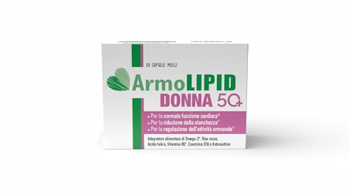 ArmoLipid Donna 50+, Integratore Alimentare con Omega 3, Vitamina B6, Risso Rosso Fermentato,Supporto per Menopausa, Cuore e Stanchezza, Senza Glutine