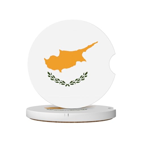 Phayah Lot de 2 sous-verres de voiture Drapeau de Chypre 6,5 cm en céramique avec base en pierre et liège, accessoires automobiles pour homme et femme
