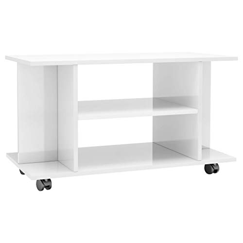 vidaXL Mueble de TV con Ruedas, Armario con Estantes, Aparador de Televisión, Mueble Auxiliar para Salón, Madera de Ingeniería Blanco Brillo
