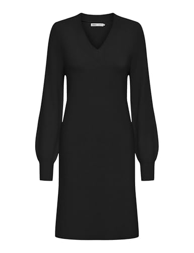 ONLY Damen Strickkleid Midi-Länge V-Ausschnitt Ballonärmel Elegant, Farben:Schwarz-2, Größe:L ONLY Damen Strickkleid Midi-Länge V-Ausschnitt Ballonärmel Elegant, Farben:Schwarz-2, Größe:L