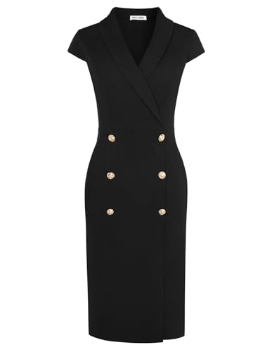 GRACE KARIN Work Dresses for Women 2025 Cap Sleeve Business Formal Midi Bodycon Button Office Church Outfits with Pocket Black 12