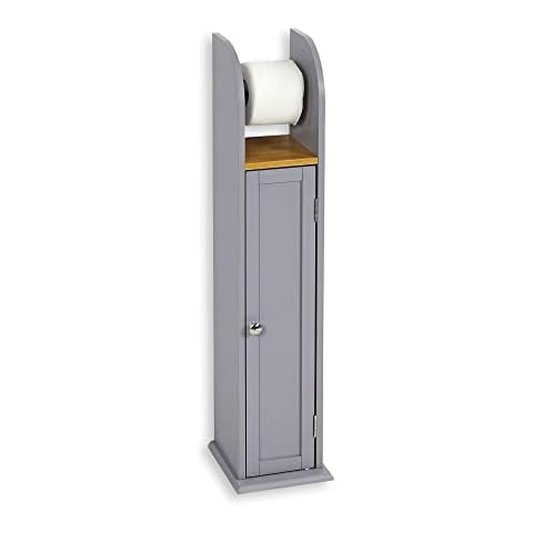 Free Standing Bamboo Wooden Toilet Roll Paper Holder Cabinet with Shelf, Toilet Roll Storage Unit, Tissue Organiser (GREY) Cover