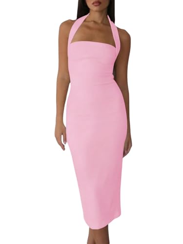 Image of SOLY HUX Women's Halter Dress Sleeveless Backless Bodycon Split Back Cocktail Party Midi Dresses