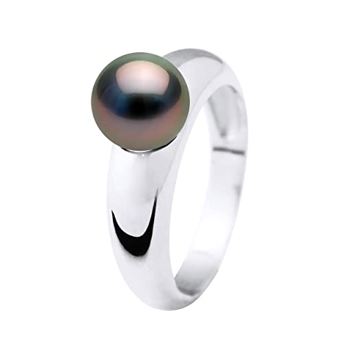 PEARLS & COLORS - Bague Jonc Véritable Perle de Culture de Tahiti Ronde 8-9 mm - Qualité A+ -...