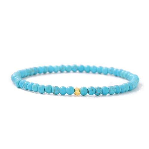 JENCVNL Pulsera de 4mm Piedra Natural con Cuenta de Oro 18K Pulseras de Cuentas Redondas de 4mm Pulsera de Piedras Preciosas Hechas a Mano Pulseras de Piedras (Turquesa)