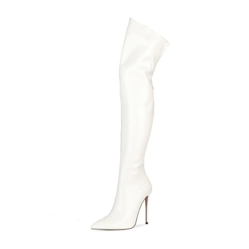 Image of Thigh high boots for women striped Back zipper Burgundy Zebra Print Over the knee Sexy gold white pointed toe Cow Print leopard Magenta stiletto heel