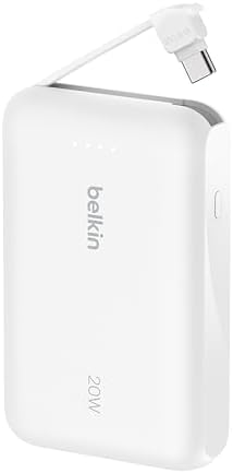 Belkin モバイルバッテリー(10000mAh, 20W, USB-Cケーブル内蔵) 3C対応 最大20W PD高速充電対応 PPS対応 iPhone&Androidスマホ対応 2台同時充電 PSE技術基準適合 軽量&コンパクト 機内持ち込み可能 アウトドア/災害/緊急用の便利グッズ メーカー保証2年 ホワイト BPB021fqWH