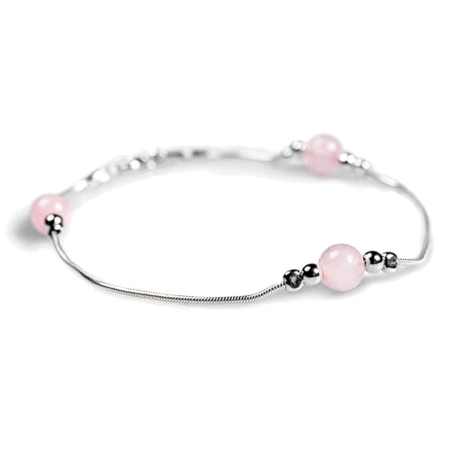 HENRYKA 925 Sterling Silver & Rose Quartz Gemstone Bracelet | Boho Style Snake Chain & Rose Quartz Beaded Bracelet | Summer Jewellery & Holiday Fashion Accessory for Teenage Girls & Women
