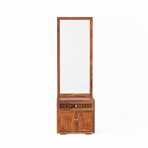 Image of WOODLAB Furniture Solid Sheesham Wood Dressing Table Mirror with Drawer and Cabinet Storage for Bedroom Home | Wooden Dressers for Living Room Hall - Honey Finish