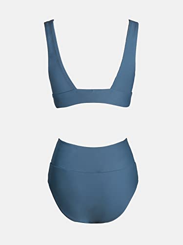 CUPSHE Bikini Set for Women Two Piece Swimsuit High Waisted V Neck Ruched Front Wide Straps L, Silver Lake Blue - Image 6