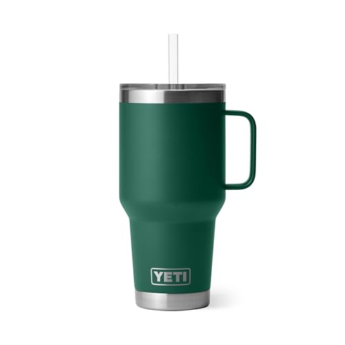 YETI Rambler 35 oz Tumbler with Handle and Straw Lid, Travel Mug Water Tumbler, Vacuum Insulated Cup with Handle, Stainless Steel, Black Forest Green