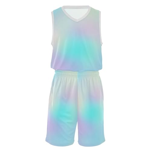 TSENQUE Pastel Rainbow Gradient Youth Basketball Jersey Youth Basketball Practice Jerseys for Girls Boys Basketball Tank Top and Track Shorts Set for (5-13 Years Old)
