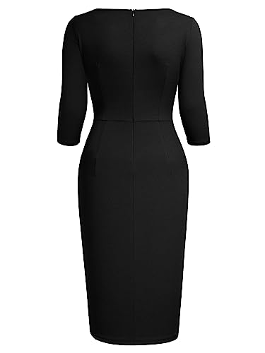 AISIZE Women's Retro 3/4 Sleeve Ruched Elegant Business Pencil Sheath Dress3