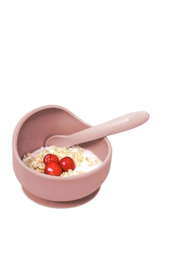 Meleni Baby 2'li Silikon Bebek Beslenme Seti - Vakumlu Mama Kasesi - Diş Kaşıyıcı Silikon Kaşık - Pembe