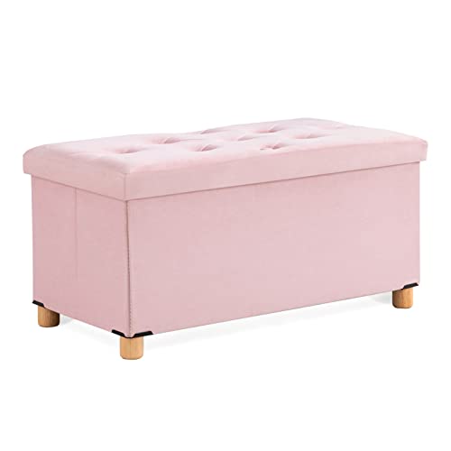 BRIAN & DANY Pouf Rangement Pliable, Banc de Rangement avec Couvercle, Tabouret Coffre en Velours Repose-Pieds pour Salon Chambre Entrée, 76 x 38 x 38 cm, Rose