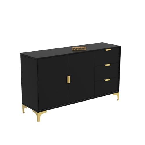 Image of Wooden Sideboard Cabinet for Living Room & Bedroom | Wooden Storage Cabinet with 2 Doors & 3 Drawers Storage | Large Storage Organizer /Cupboard | HDMR Premium Wood | Gold Metal Legs (Black)