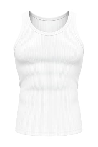 Unterhemd Herren Baumwolle, Feinripp Tank Top, Sport T-Shirt, Ärmelloses Muskelshirt, Fitness Shirt, Tanktop schwarz weiß (DE/NL/SE/PL, Alphanumerisch, M, Regular, Regular, White)