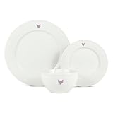 gallus gallus bankiva . 6 assiettes plates - 27,3cm. 6 assiettes à dessert - 19,2cm. 6 bols - 14cm . Fabriqués en 100% porcelaine . Couleur : blanc, bleu et rouge