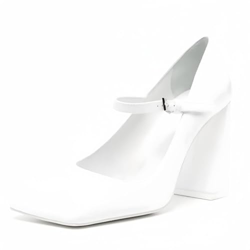 Patent Leather Mary Jane Chunky Heels Pumps Shoes for Women,Women's Closed Square Toe Pumps with Adjust Ankle Buckle Strappy Classic Uniform Work Shoes Gothic Lolita Dressy Wedding Shoes