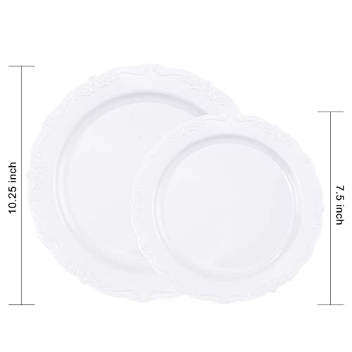U-QE 100 Pieces White Plastic Plates - White Disposable Plates - Premium Hard Plastic Disposable Plates for Wedding and Party Use Including 50 Dinner Plates 10 '' & 50 Dessert Plates 7.5 ''