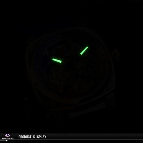 Image of FORSINING Fancy Watches for Men, Square Retro Mechanical Watch Self-Wind Carved, Gear Movement Golden Skeleton Automatic Watches Vintage Leather Strap Wrist Watch