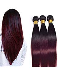 Ombre Human Hair Bundles T1B/99J Two Tone Ombre Human Hair Burgundy Bundles Straight Wave Black To Wine Dark Roots Unprocessed Virgin Remy Ombre Human Hair Extensions Wholesale（12 14 16Inch）