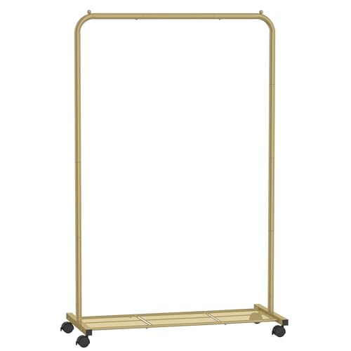 SONGMICS Kleiderständer, Kleiderstange auf Rollen, Garderobenständer Metall, Rollgarderobe 91 cm breit, mit Ablage, 2 Rollen mit Bremse, Stange bis 40 kg belastbar, goldfarben HSR025A01