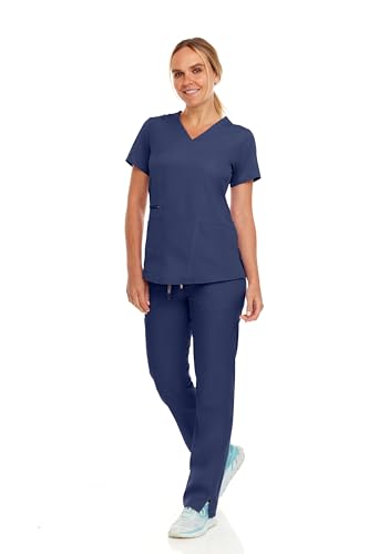 MediChic Women's V-Neck Scrub Set Straight Leg Six Pocket Cargo Scrub Pants with 4-Way Stretch Scrubs Sets