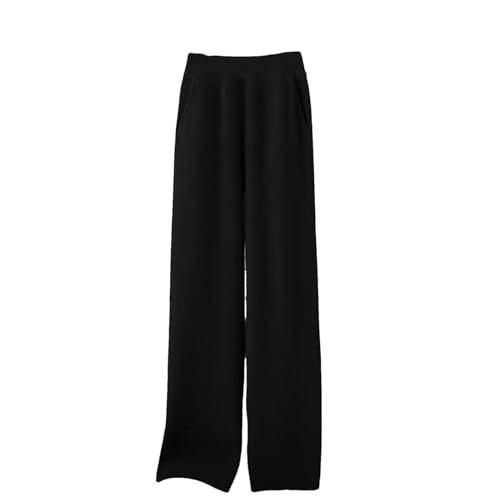 Ownwfeat Pantalones de lana de punto de pierna ancha para mujer, cintura elástica, casuales, sueltos, cálidos, de pierna recta, Negro, L Largo