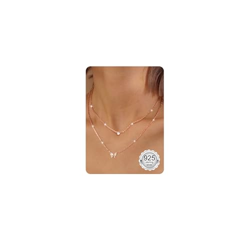 Image of ORAZIO Sterling Silver Necklaces for Women Choker Necklaces Heart Zircon Butterfly Rose Gold Necklace for Women Necklace Chain Layered Necklaces for Women