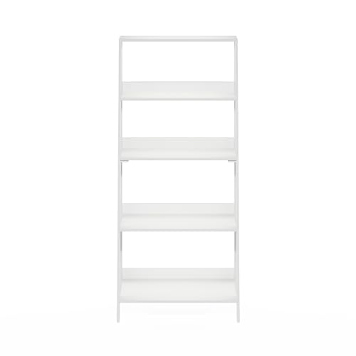 Image of Furinno Ladder 5-Tier Book Shelf, Leaning Standing Shelf, White | 13 x 23.6 x 53.5, Open Frame Design Bookshelf, Display Storage Shelves, for Living Room, Home Office