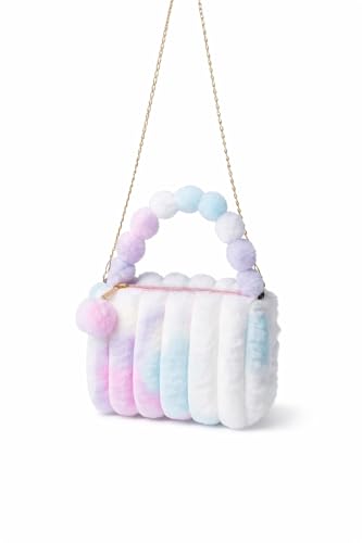 Image of Cute Plush Fur Sling Bag with Chain Strap, Soft Multicolour Faux Fur, Single Zipper Pocket, Pom-Pom Handle Mini Crossbody Purse For Kids And Girls