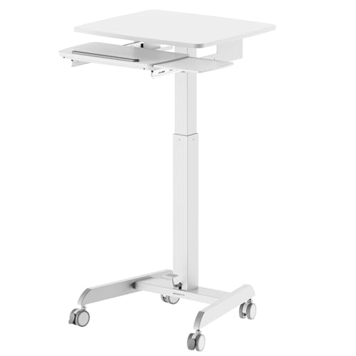 Image of Mount-It! Height Adjustable Rolling Laptop Desk with Keyboard Tray, Mobile Sit-Stand Computer Cart with Wheels, Small Standing Desk for Home, Office, or Classroom, 23.6 inch x 20.5 inch, White