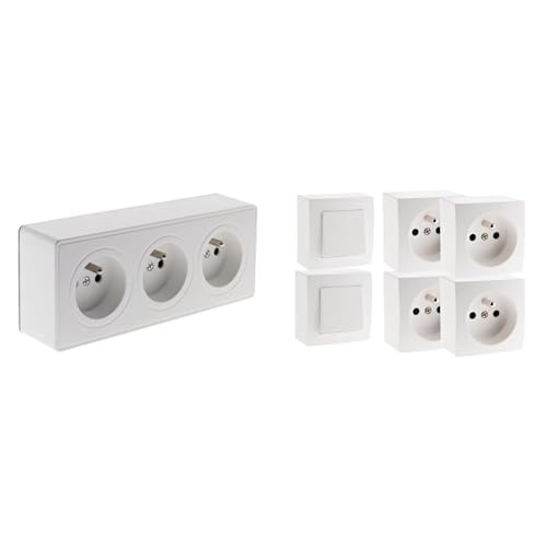 Zenitech - Prise Triple 16A en Saillie Gamme Vulco + Lot de 2 Interrupteurs Va-et-Vient avec 4 Prises 16A en Saillie Gamme Presto - Installation Murale Rapide - Blanc