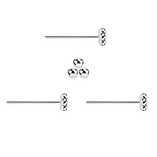 DENI 3 Pendientes Nariz Palo Recto de Plata 925, 3 bolas juntas en forma de triangulo de 2mm, Finos, Palo 0,6mm.
