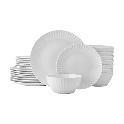 Pfaltzgraff Fluted Grace 24 Piece Porcelain Plate and Bowl Dinnerware Set, Service for 8, Fluted Design, Durable for Everyday Use, White