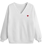 SweatyRocks Women's Heart Graphic V Neck Long Sleeve Sweatshirt Drop Shoulder Pullover Top