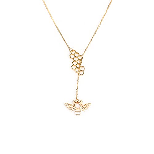 18K Gold Plated Stainless Steel Bee Honeycomb Pendant Necklace, Adjustable Y Lariat Conch/Guitar/Horseshoe Necklace for Women