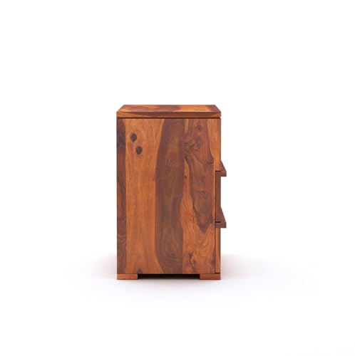 Image of Sheesham Wood Bedside End Table with 2 Drawers and Open Shelf Storage for Bedroom Living Room Wooden Furniture Side Table for Hotel Room Office -(Honey Finish)