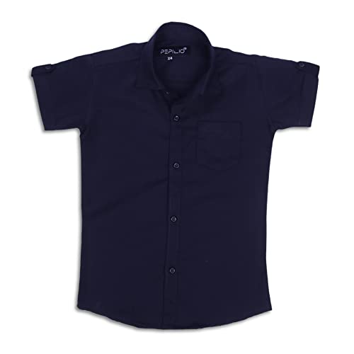 Image of Kids Stylish Solid Cotton Spread Half Sleeves Collar Regular Fit Shirt|| Formal Boys Shirt || Casual Wear Buttoned Shirt for Boys Dark Blue