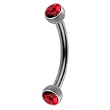 AZARIO LONDON Piedra de cristal rojo G23 de titanio de doble cara de 2,5 mm, bola plana de piedra con calibre 16, barra curvada de 12 mm de longitud, barra de cejas, piercing de tragus, joyería de
