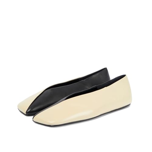 Vertundy Leather Ballet Flats for Women Square Toe Slip On Loafer Shoes Comfortable Dress Work Ballerina Flats for Casual Two-Tone
