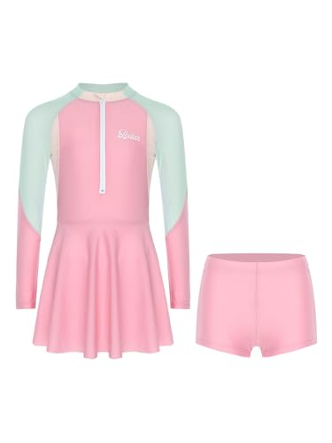 renvena Girls 2-Piece Rash Guard Swimsuit Kids Long Sleeve Zip-up Color Block Dress with Shorts