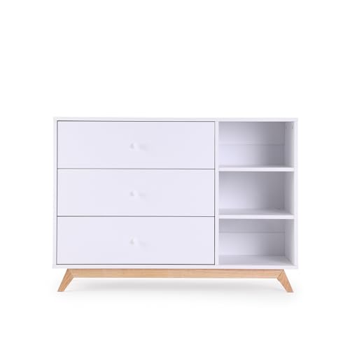 dadada Central Park 3-Drawer Dresser with Open Shelving - Modern Design, Baby-Safe Finish, Forged Steel Support, Sturdy Wood Legs, for Nursery, Kids or Teen Room, 47” Wide (White+Natural)